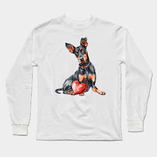 Valentine Doberman Pinscher Holding Heart Long Sleeve T-Shirt